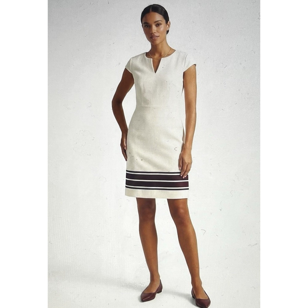 Ann Taylor Factory Ivory Sheath Dress V-Neck Cap Sleeve Stripe Hem Size 6